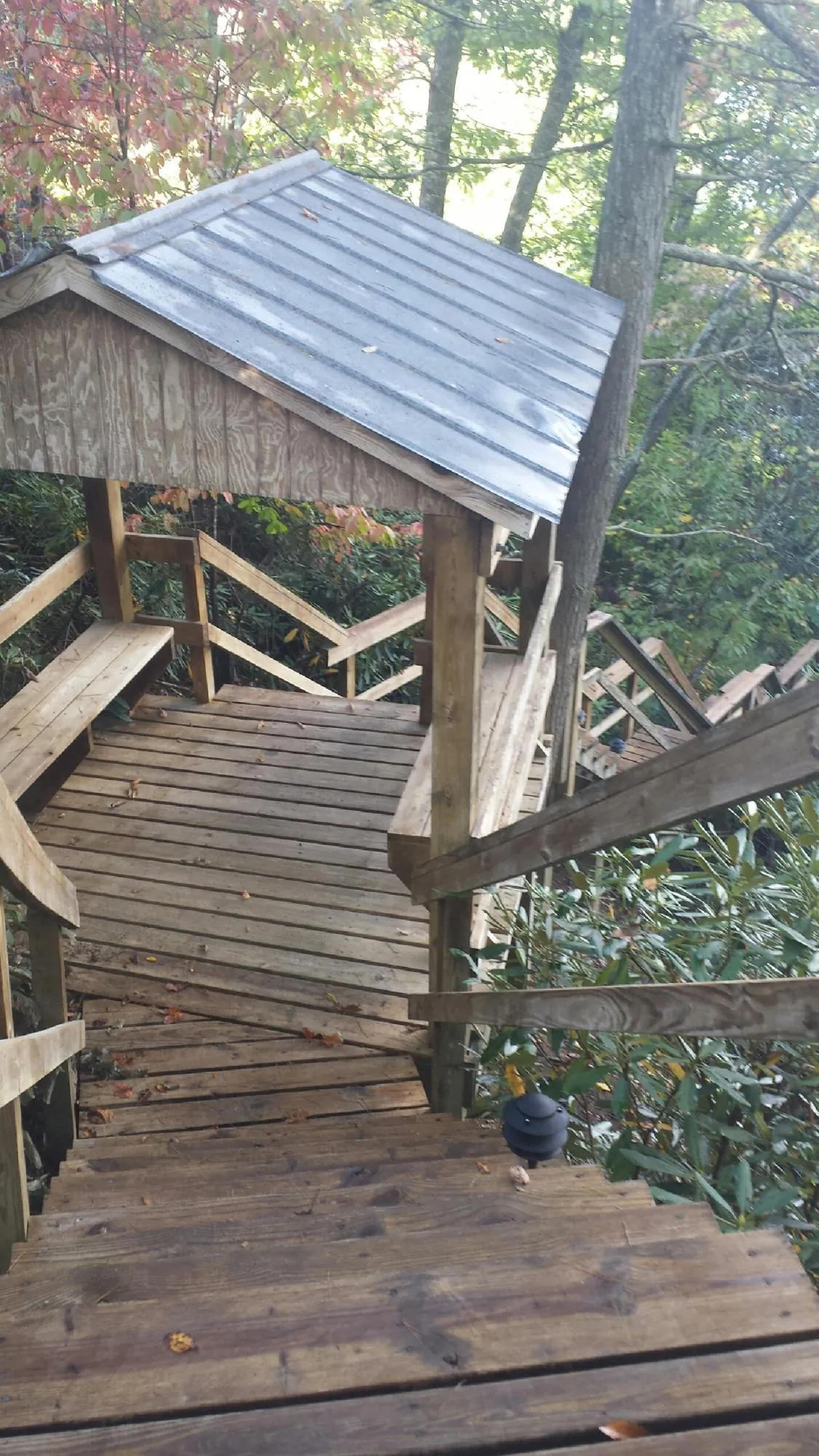 Metal roofed shelter over wooden steps on a wooded walkway — Skylight Repair & Installation work by our crew in West Oneonta